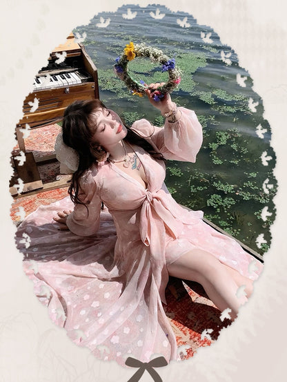 Kleid Rosa Pfirsichblütendruck Urlaub Übergröße Selbstbinden Schleife Vorne