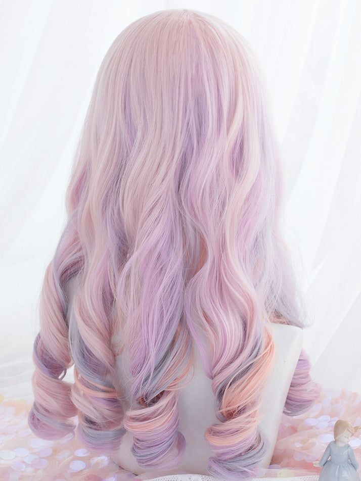 Macaroon Farbe Rosa Lila Lange gewellte synthetische Perücke mit Pony