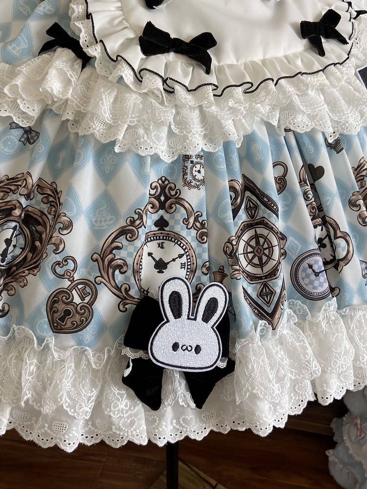 Blue White Diamond Sweet Lolita OP Dress with White Apron - Untitled Heartbeat