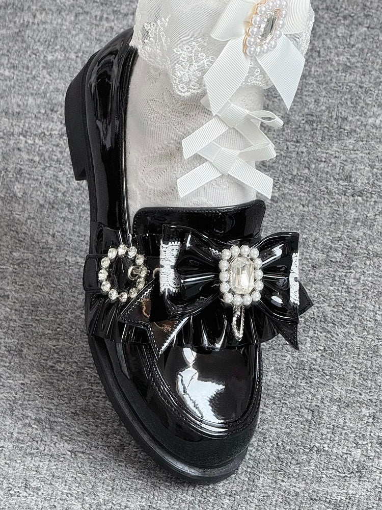 Jirai Detachable Polished Loafers Rhinestone - with Trim Design Black Slip-On Kei Beads And Decor Bow Ruffle