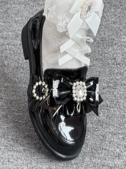 Jirai Detachable Polished Loafers Rhinestone - with Trim Design Black Slip-On Kei Beads And Decor Bow Ruffle