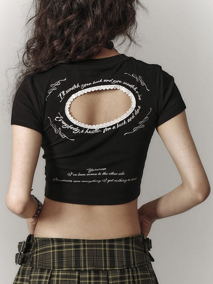 with Cutout Print Black T-Shirt Cropped Trim Bow Punk Lace White Back