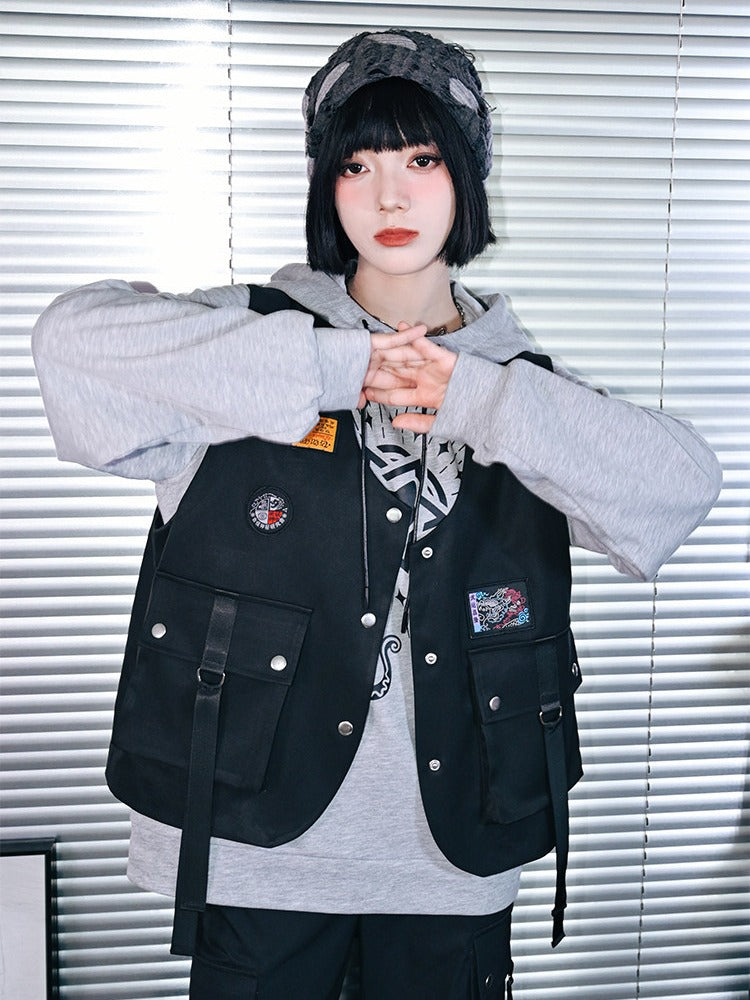 Dark Style Black Cargo Pocket Vest Decorated with Patches - Quirky Hut