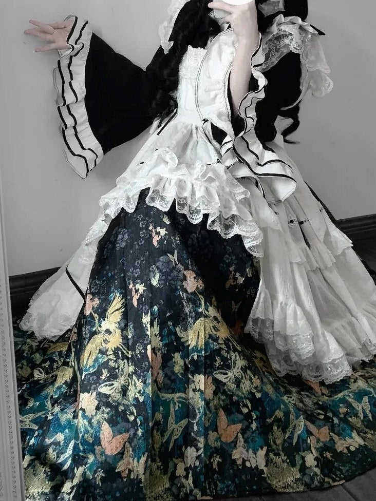 White Bell Bonnet Black Han Floral Apron Horse-face Sleeves Print Top Lolita + Skirt Set