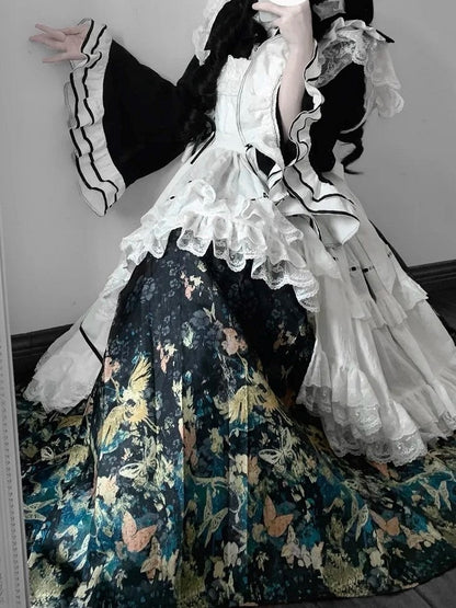 White Bell Bonnet Black Han Floral Apron Horse-face Sleeves Print Top Lolita + Skirt Set