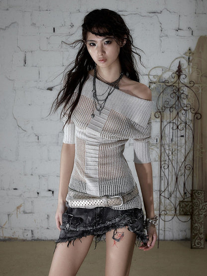 Off-White Star Pattern V-Neck Knit Top Hollow Out - NO ROMANCE
