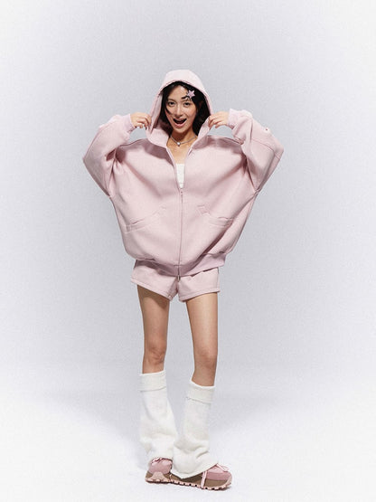 Sportswear Hoodie Zip-Up Waist Set: Pink Drawstring Shorts Jacket Casual