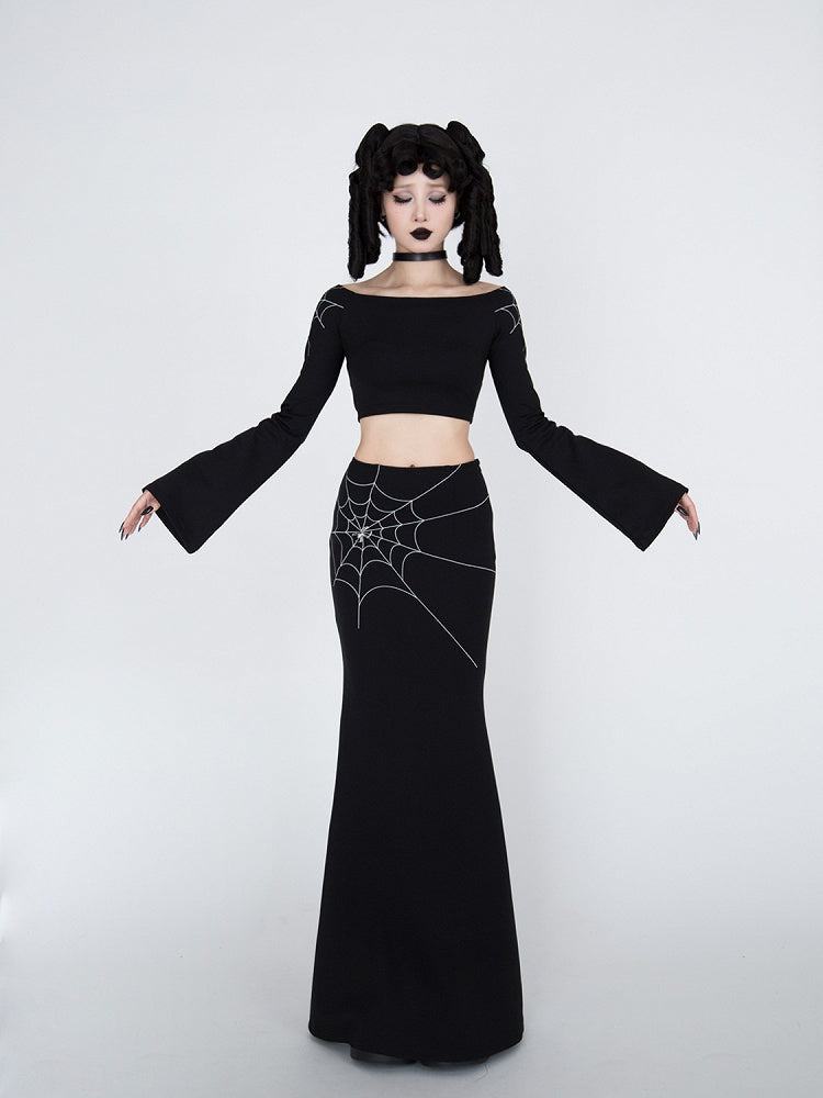 Gothic Black Spiderweb Bell Sleeves Cropped Top
