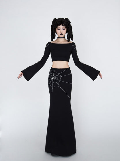 Gothic Black Spiderweb Bell Sleeves Cropped Top