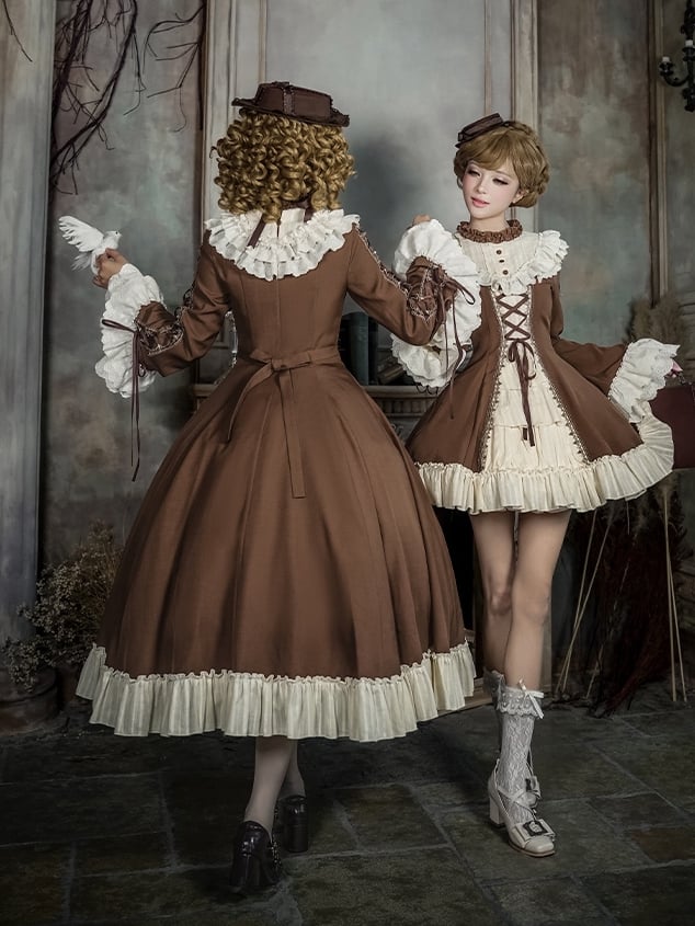 Lolita and Bell Beige Neckline Dress Long Brown Version Ruffle Elegant Sleeves