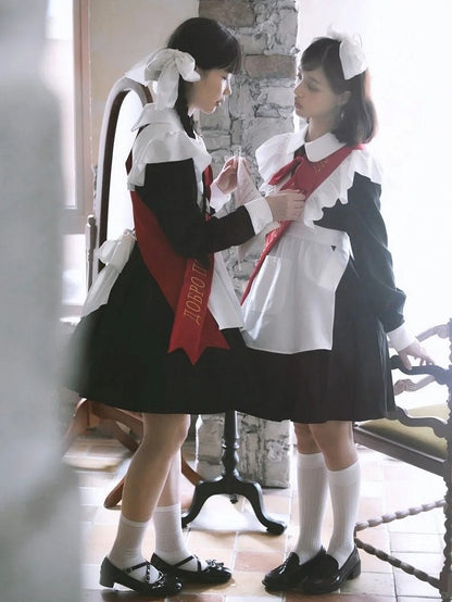 Red Black Bow Full Pleated Embroidered Maid Tie Ribbon with Sleeves Set + Lolita Apron Long Dress