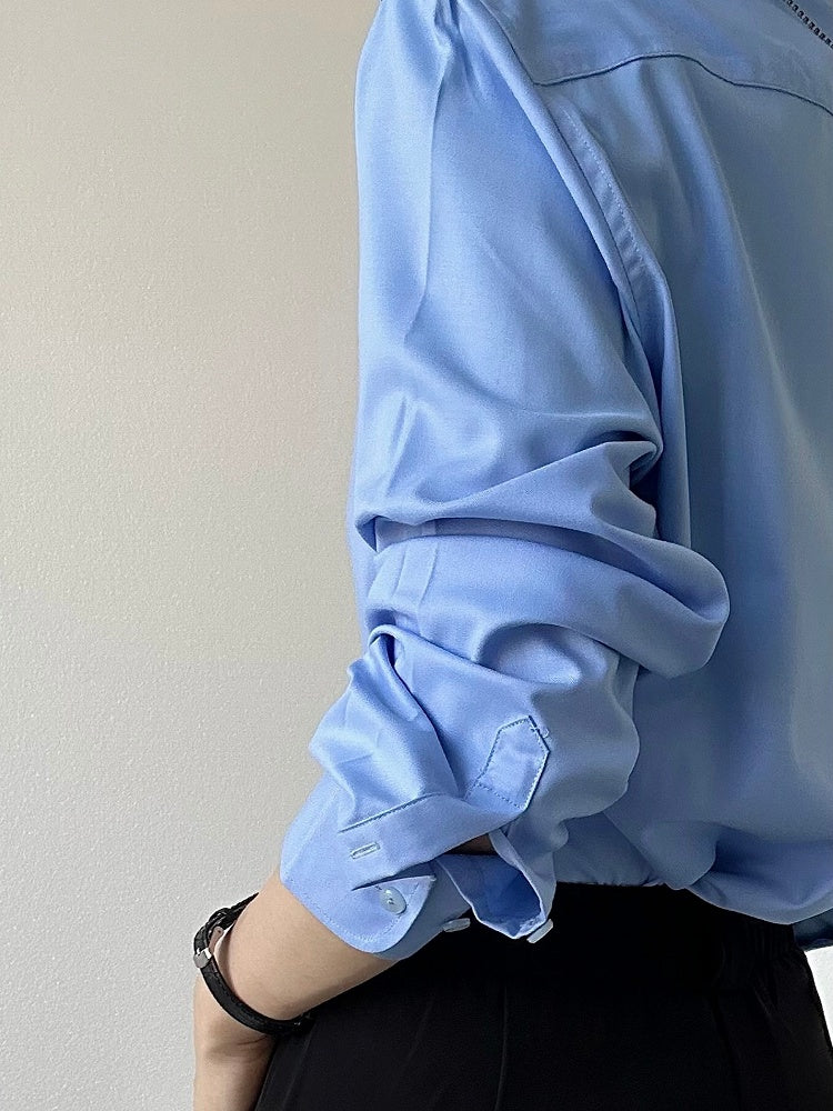 Collar Shirt Sleeve Modal Button Light Ouji Unisex with Lolita Cuffs Blue Long Pointed Flat