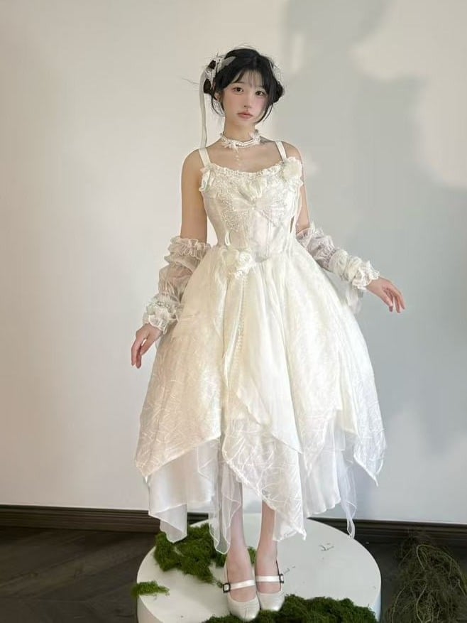 Elegant Asymmetrical Hem Bow Motif Lolita JSK Dress in White - Sweet Wood Lolita