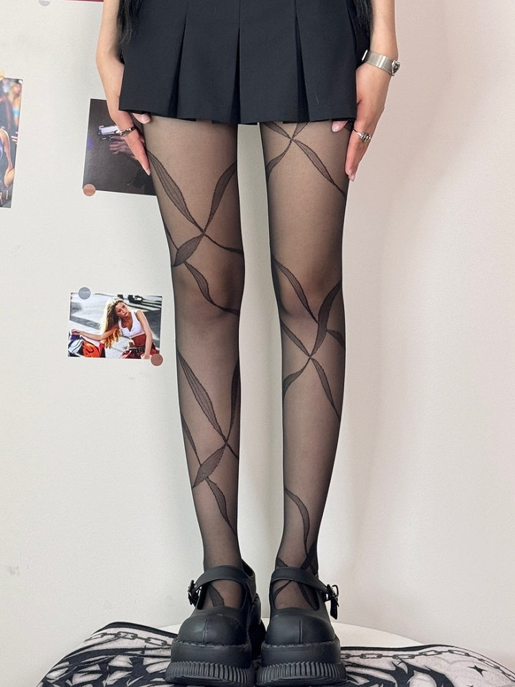 Ribbon Print Tights Black/Whiye/Brown/Gray