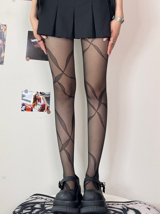 Ribbon Print Tights Black/Whiye/Brown/Gray