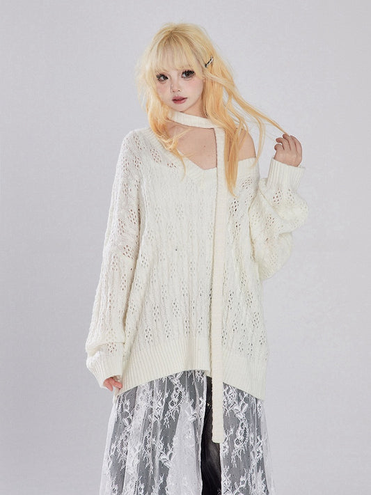 アプリコット/ブラック Vネック ホロウアウト ニットセーター