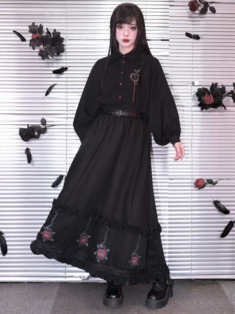 With Skirt Eden-inspired Trim Gothic Black Midi Print Lace