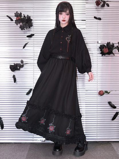 With Skirt Eden-inspired Trim Gothic Black Midi Print Lace