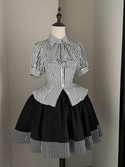 Gothic Lolita Short Sleeves White Striped Blouse Jabot Tie - Flower Fairy Daily