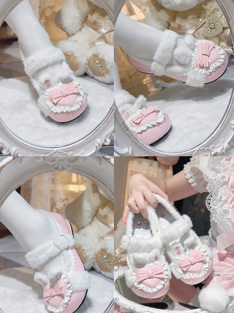 Polka Dot Plush Heart Pink Winter Lolita Round-Toe Shoes - Cute Bunny