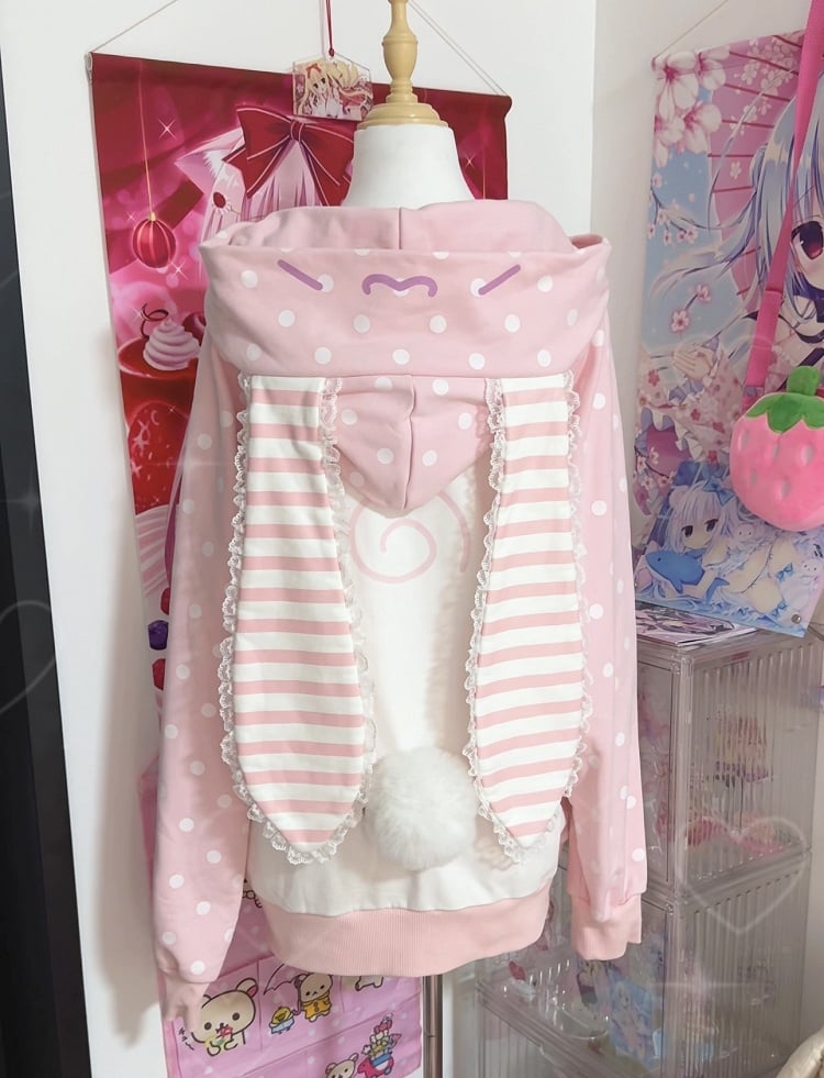with Bunny / Dot Pink Gray Big Polka Ears Hoodie Striped