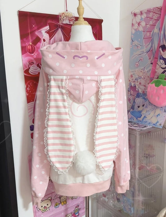 with Bunny / Dot Pink Gray Big Polka Ears Hoodie Striped