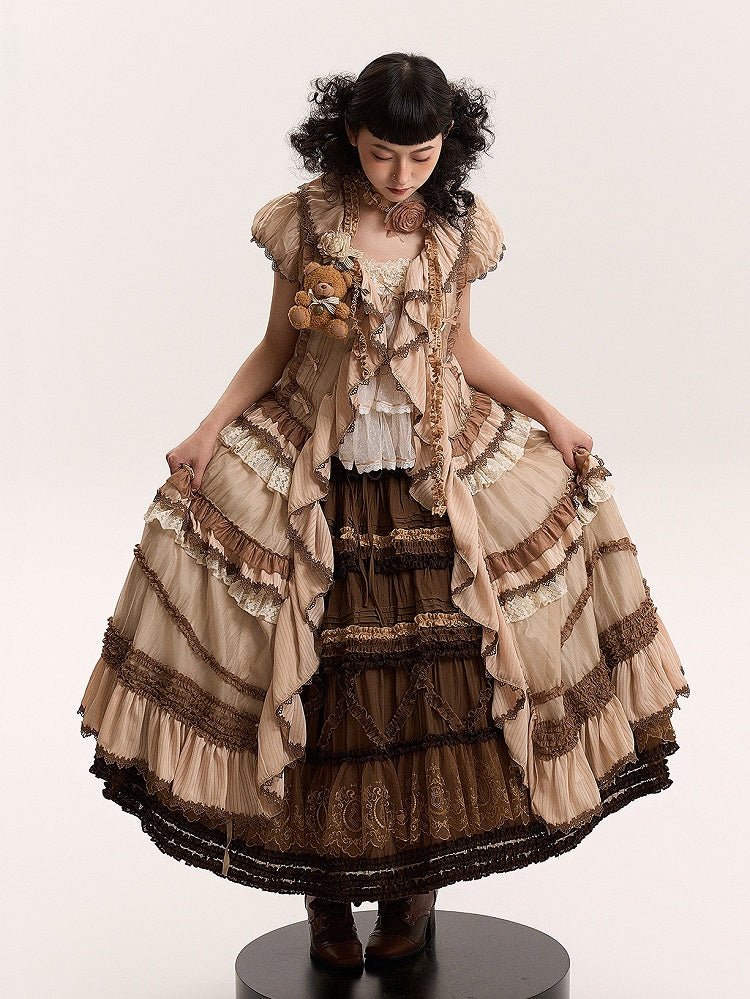 Cascading House Ruffle Front Style Placket Dress Pink Coffee Straps Lolita Self-tie