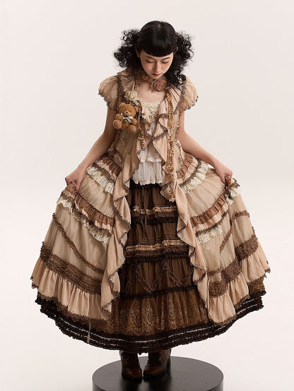 Cascading House Ruffle Front Style Placket Dress Pink Coffee Straps Lolita Self-tie