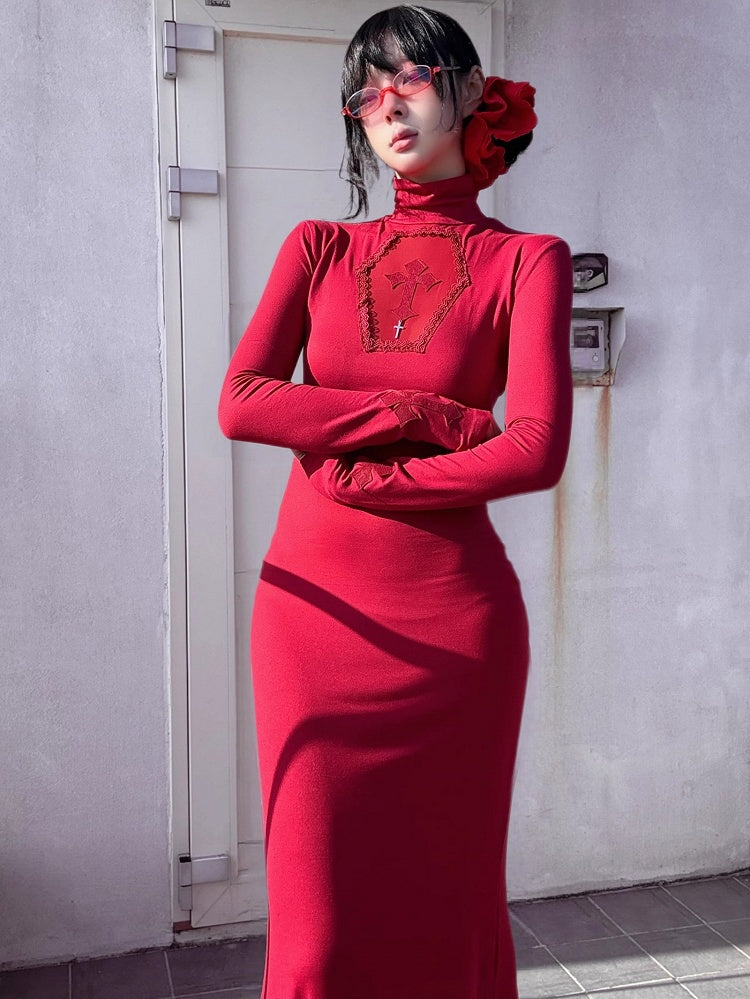 ゴシックレッドコフィンカットアウトクロスディテールハイネックマーメイドスカートマキシドレス