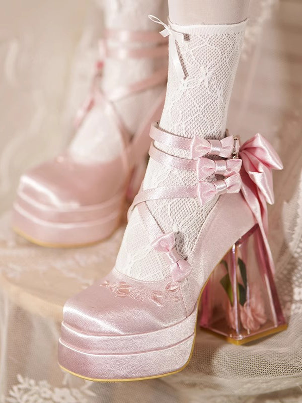 Pink Camellia Flower High Block Heel Elegant Platform High Heels - Panda Lolita
