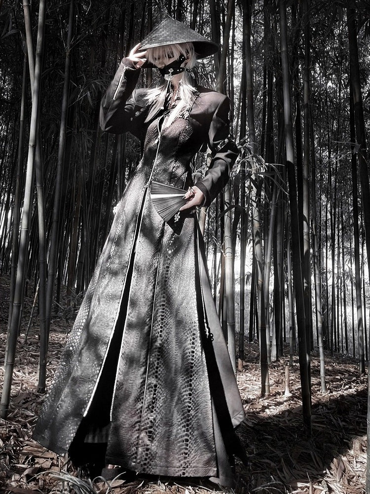 Black Unisex Gothic Snakeskin-Grain Long Coat with False Two-Piece Design & Dual Zips - Wu Xiang Gui Shi