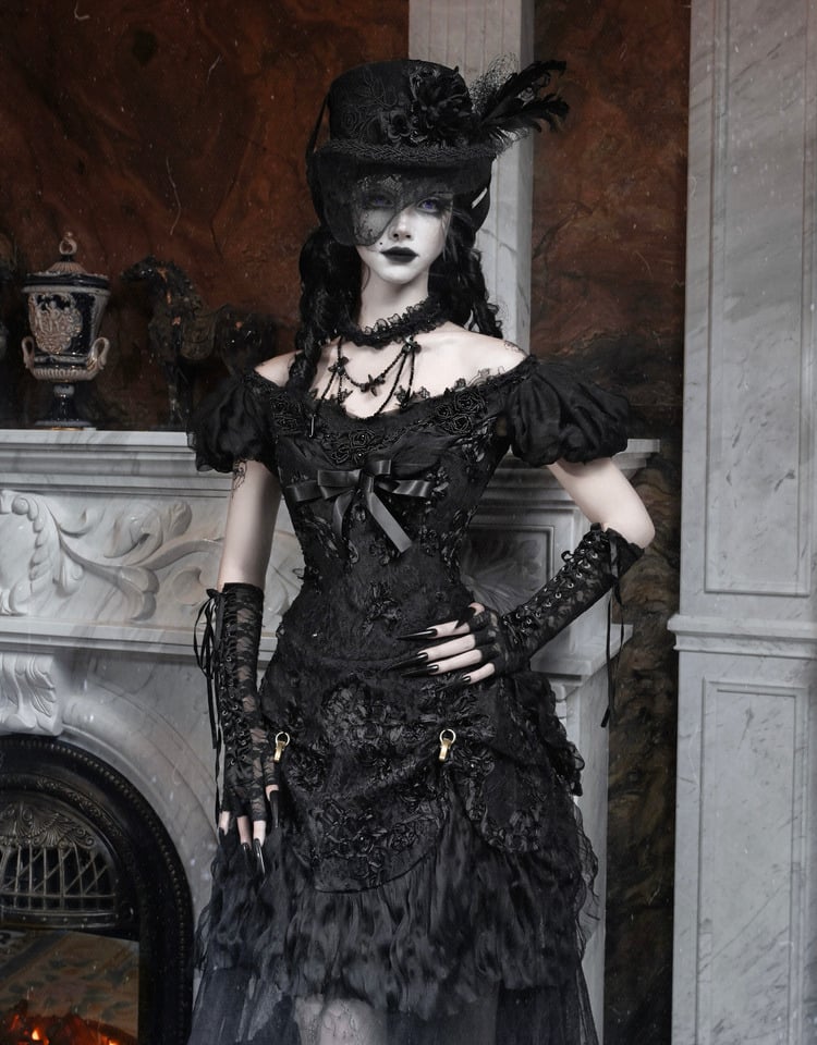 Sleeves Top Puff Edwardian Off-the-shoulder Vintage Neckline and Black