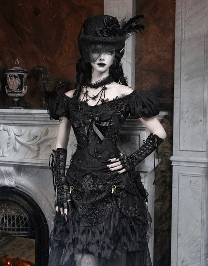 Sleeves Top Puff Edwardian Off-the-shoulder Vintage Neckline and Black