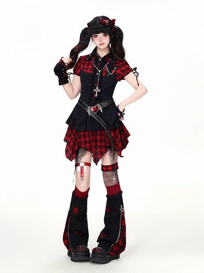 Sweet Edgy Kawaii Red Black Plaid Asymmetrical Hem Skirt - CRAZY GIRL