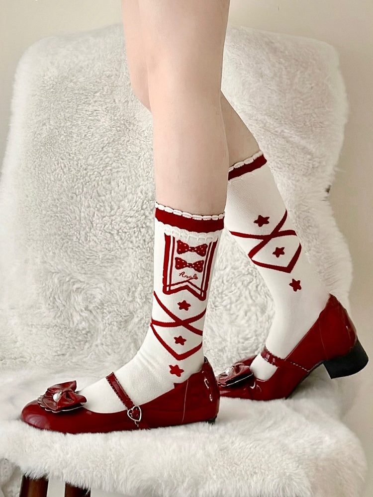 Socken mit Crisscorss-Print, Stern und Schleife, Blau/Rot, Lolita-Band, Kalbsleder