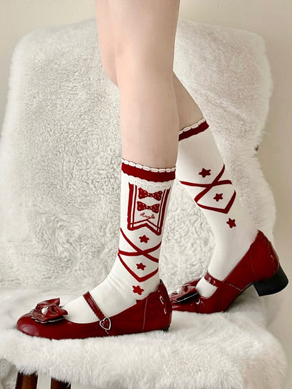 Socken mit Crisscorss-Print, Stern und Schleife, Blau/Rot, Lolita-Band, Kalbsleder