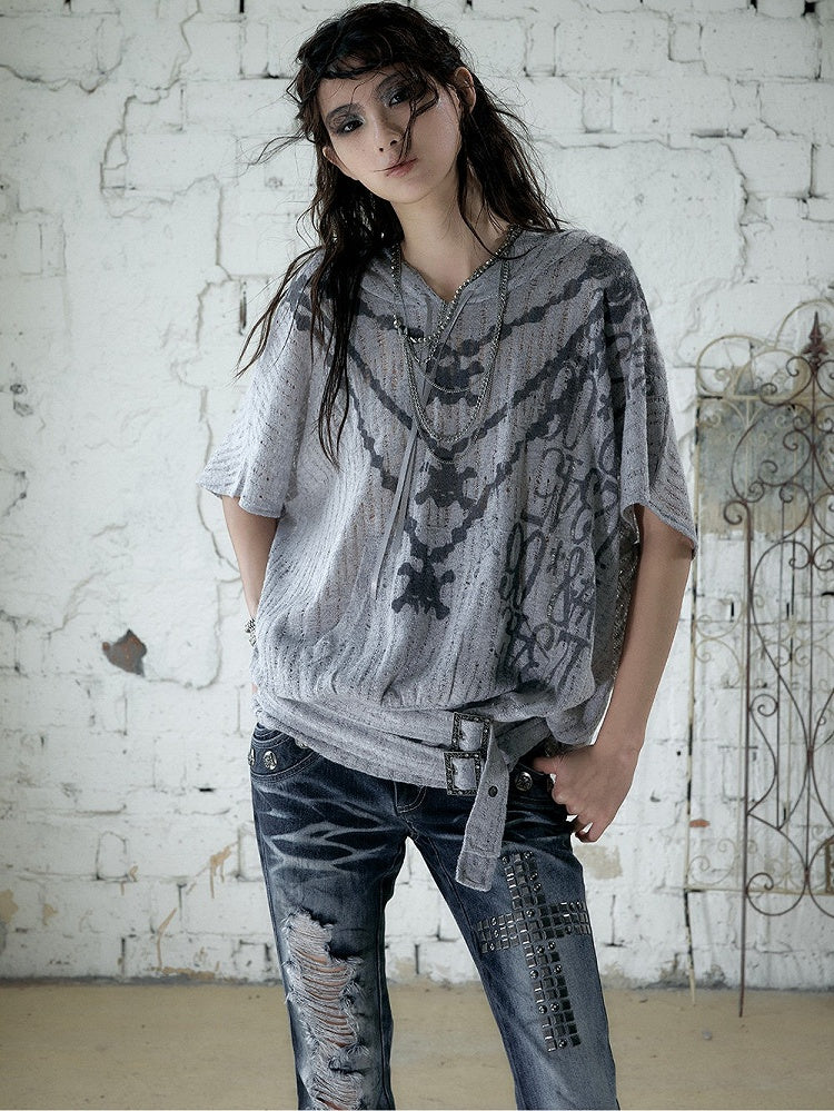 Dusty Blue Distressed Hooded Batwing Knit Top - NO ROMANCE
