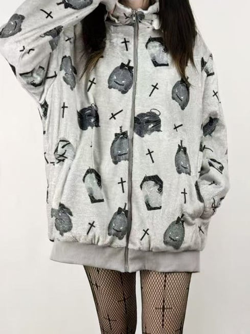 Jacket Fleece Pattern Kei Hooded Jirai Cartoon Bunny-Ear Gray Bunny