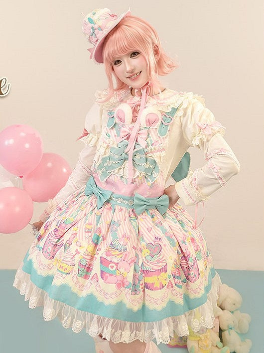Cupcake Blue Pink and Dress Lolita Overall Sweet Print Bunny