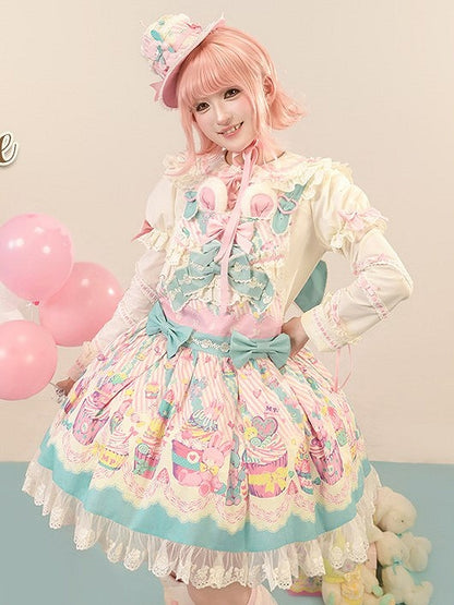 Cupcake Blue Pink and Dress Lolita Overall Sweet Print Bunny