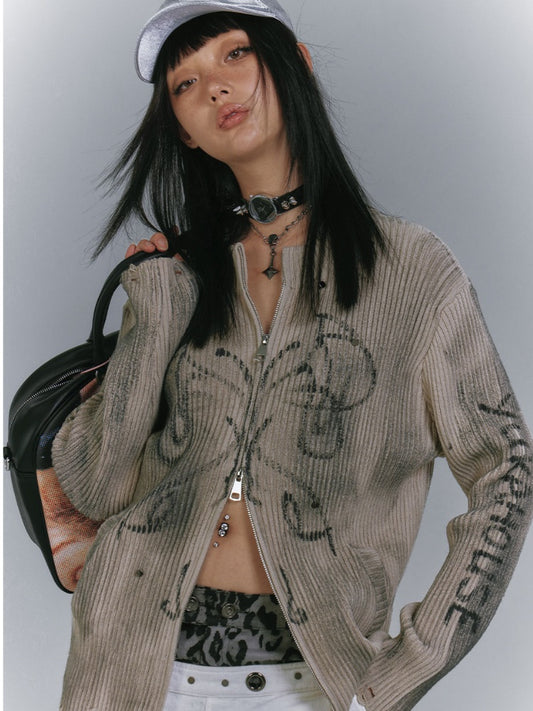 カーキのツーウェイジッププラケットダメージニットセーター、ウェイストランドパンク