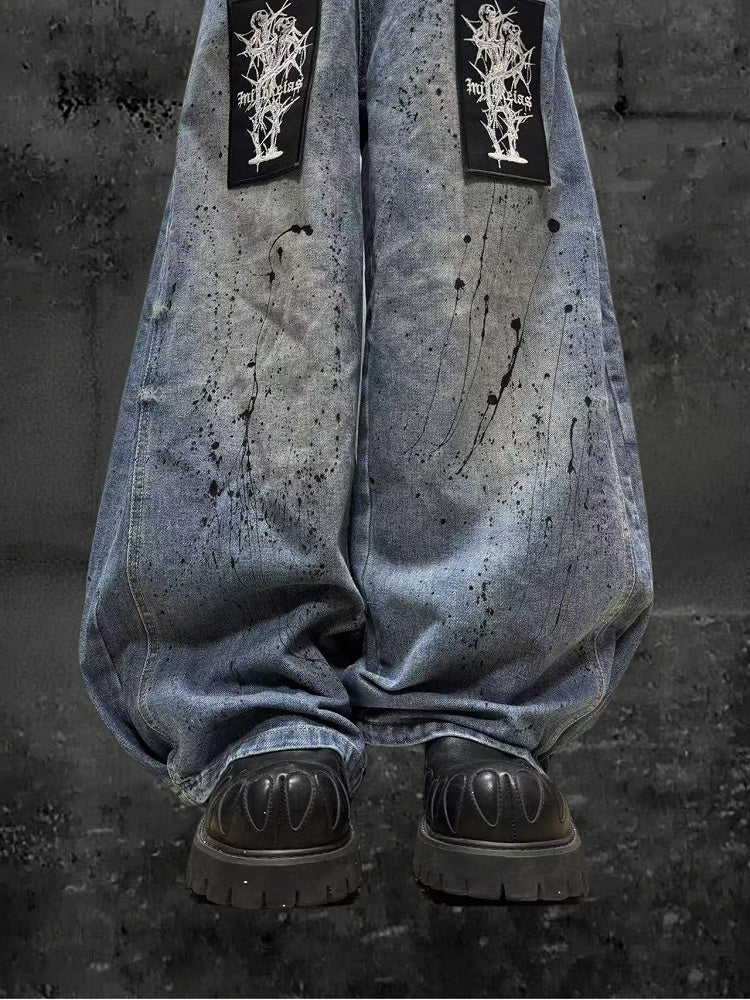 Splatter with Punk and Faded Appliques Blue Random Wide-Leg Jeans Wash Embroidered