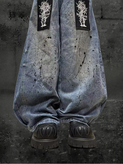 Splatter with Punk and Faded Appliques Blue Random Wide-Leg Jeans Wash Embroidered