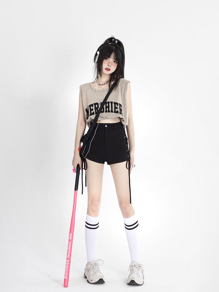 Lace-Ups Side Shorts Fly Crisscross with Button Black Summer