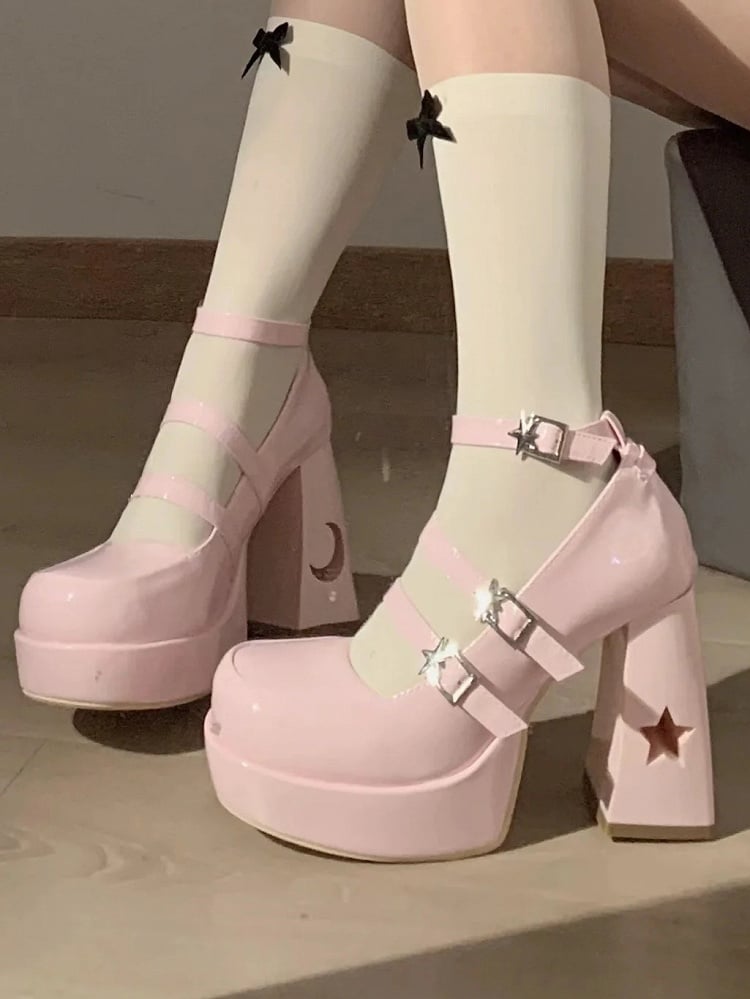 Back Heel Design Cutout in Pink Style - Janes Y2K Bow Moon Star Leather Mary Platform PU