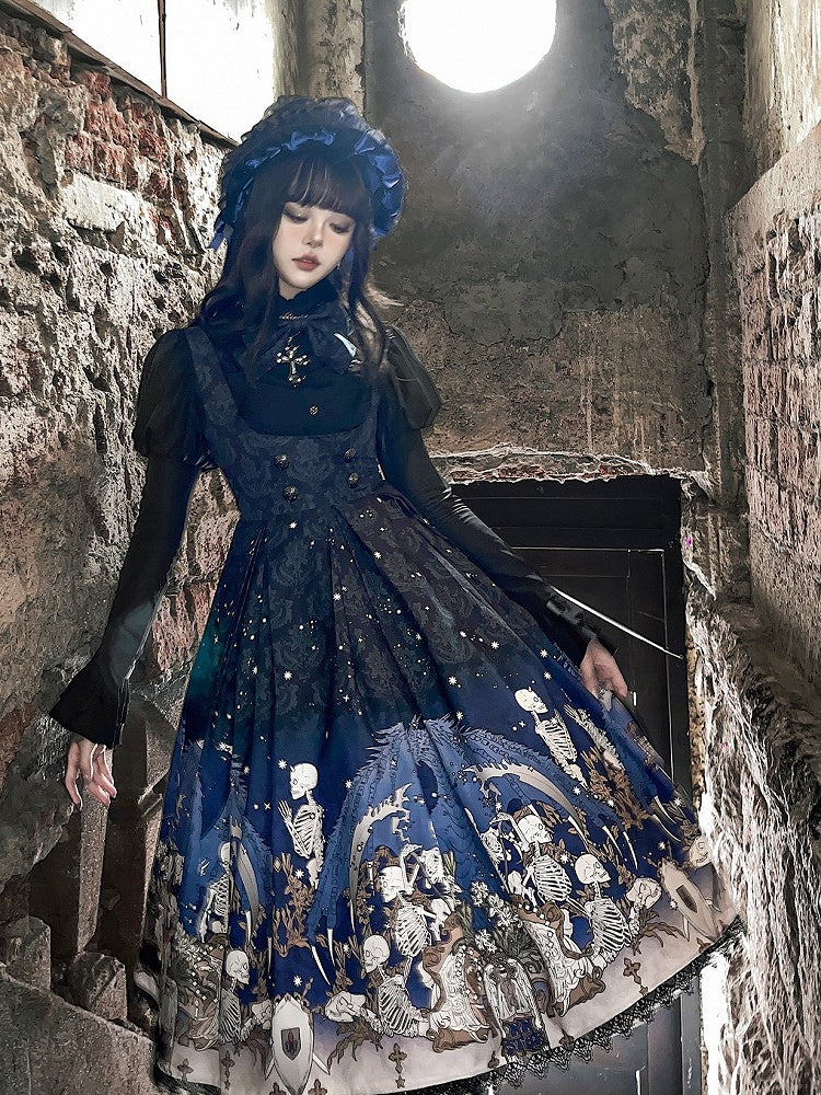Blue Gothic Lolita and Under with Cross Bust Dress Black Lace Print Trim Skeleton