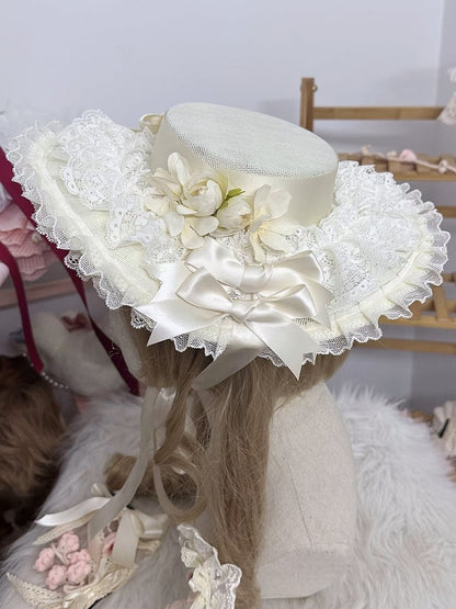 the Lily Mesh Valley Beige Lolita Big Crocheted Bowknot Lace Hat Flat of