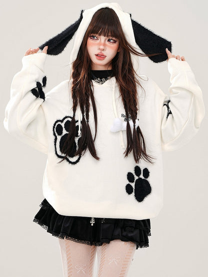 Black/White Cute Paw Appliques Puppy Ears Hoodie
