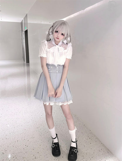 リボンタイ ホワイトレース コントラスト Kei Jirai ハートボタン パッチ付きブラウス