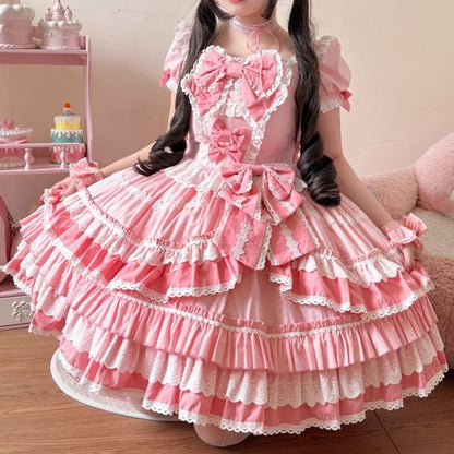 Kleid Pink Sweet Lolita Kurzes Stück Ein Ärmel Schleife Akzente